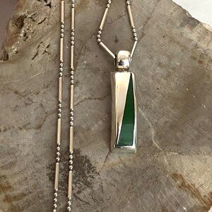 Sterling Silver 925 Rectangular Curved Malachite Inlay Pendant Necklace 17.5"